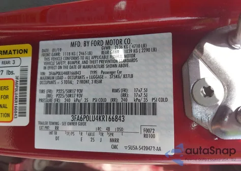 2019 Ford Fusion Hybrid Se z USA, uszkodzony, nr VIN 3FA6P0LU4KR166843